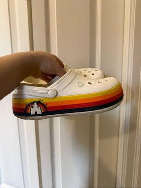 CROCS White Disney Clog with Yellow, Orange, Red & Navy Stripe